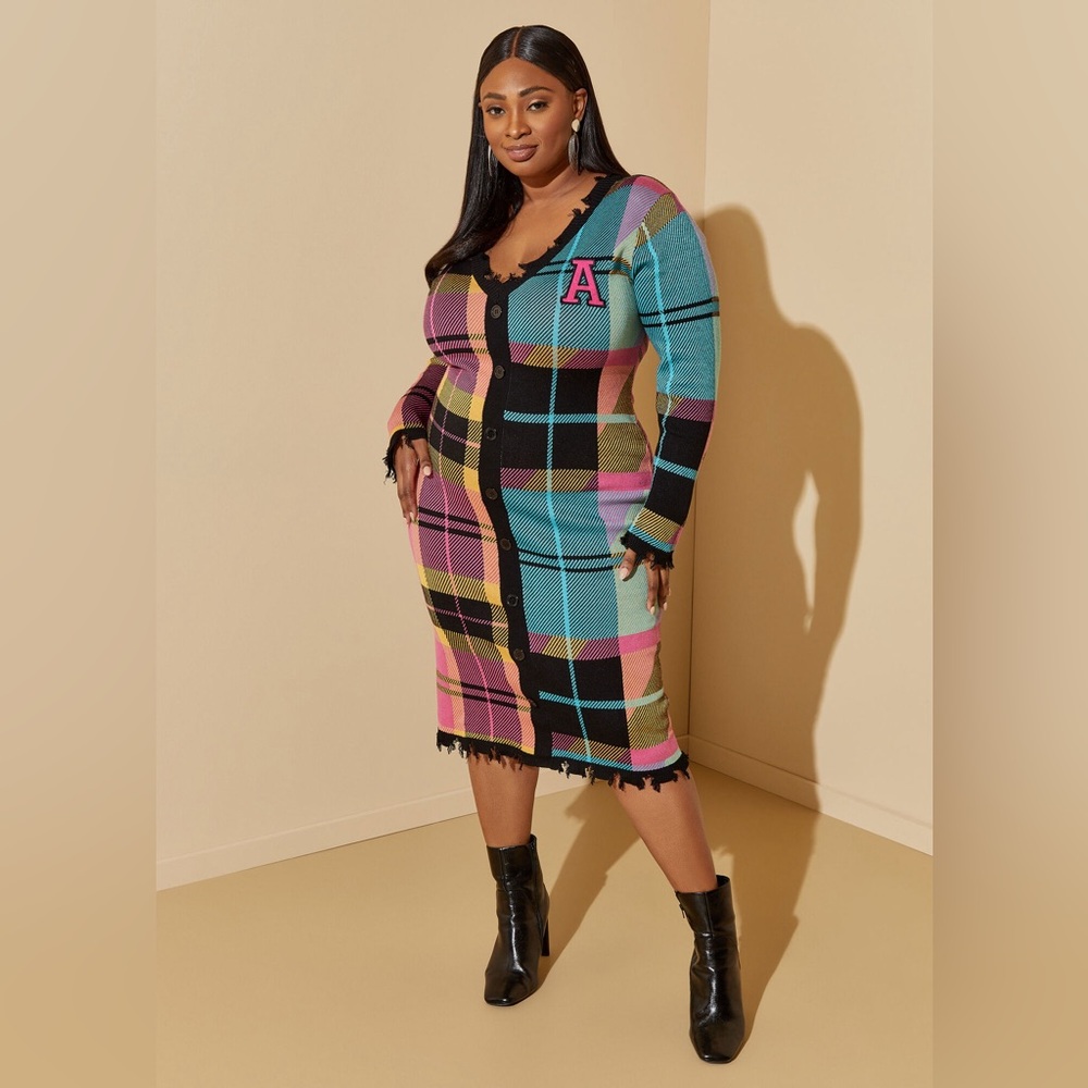 Ashley Stewart Plaid Midi Sweater Dress